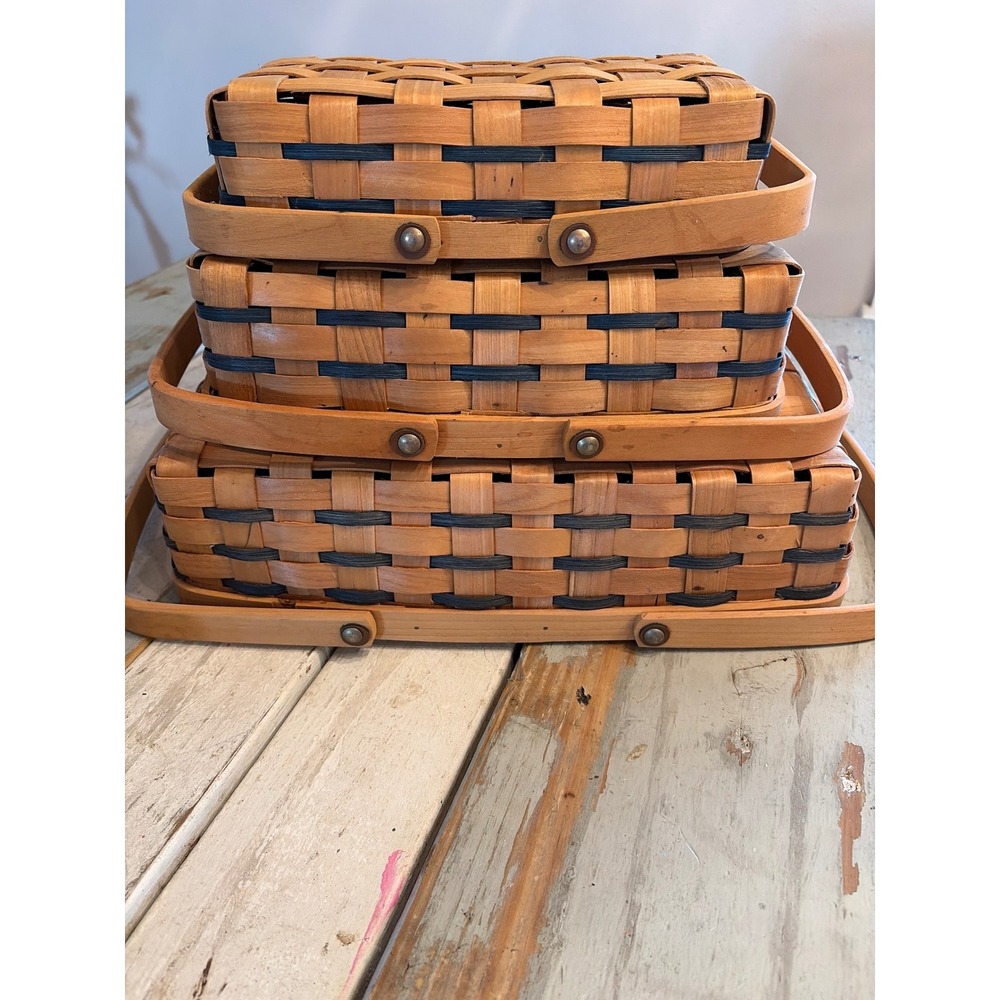 Vintage Set of (3) Rectangular Nesting Baskets Double Swing Handles Woven - Picture 15 of 16